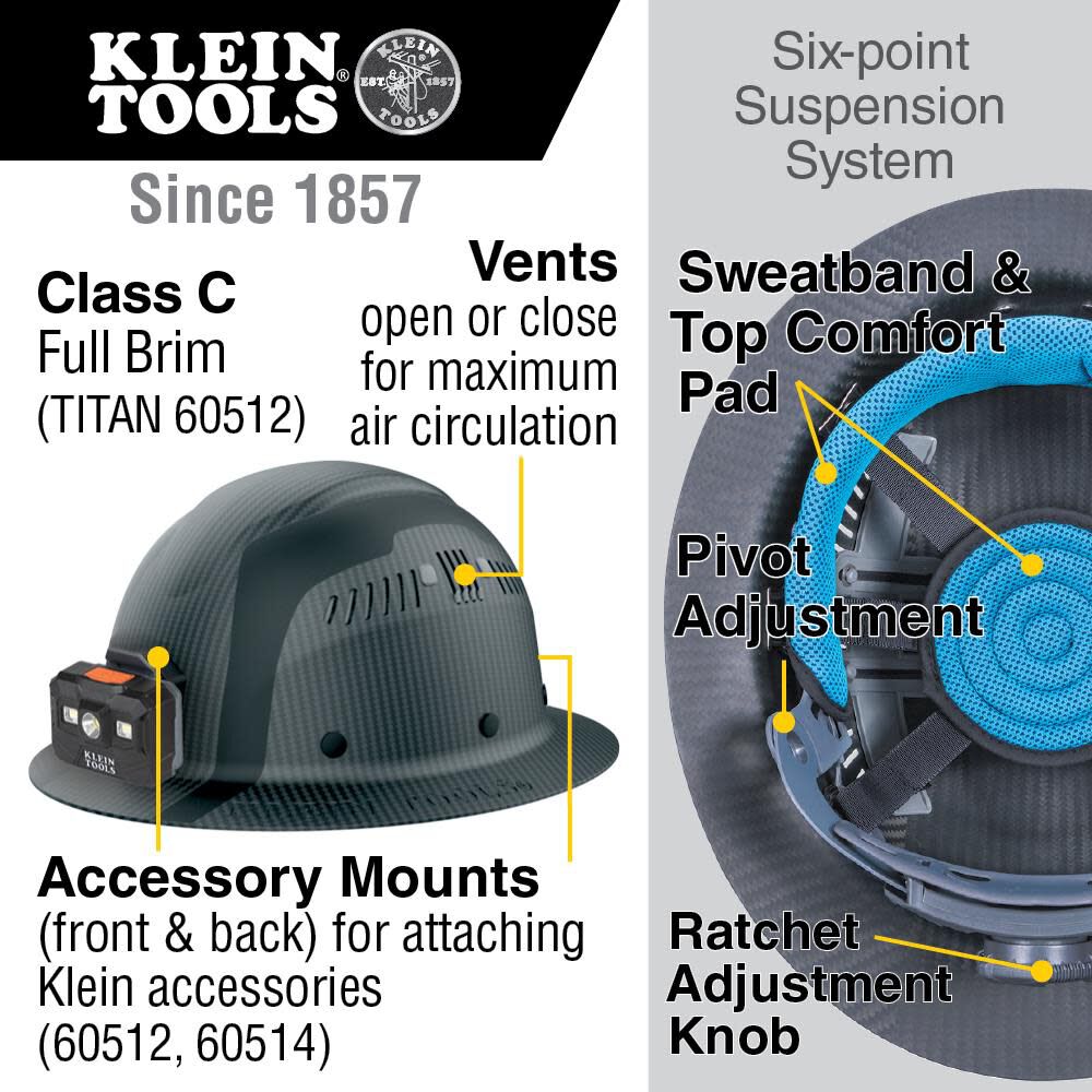 Carbon Fiber Full Brim Hard Hat with Headlamp, Titan 60512