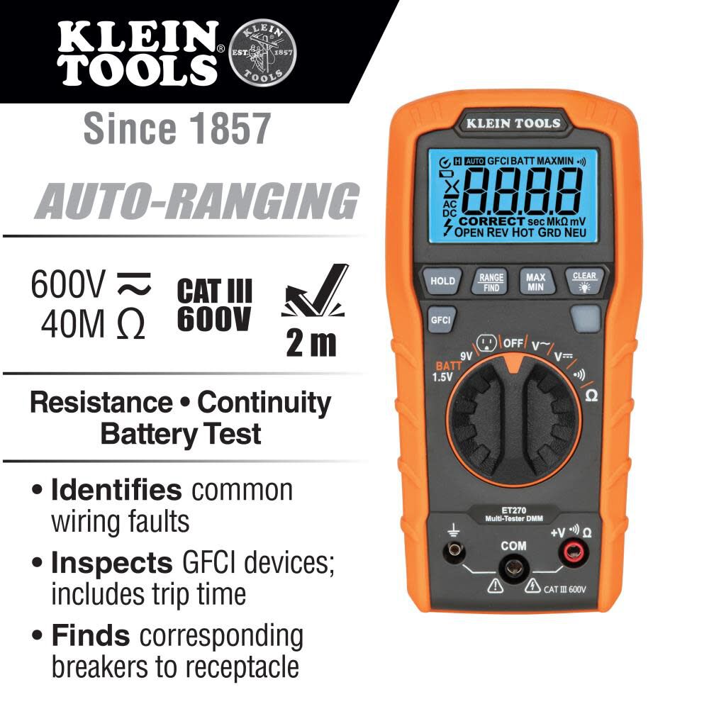 Digital Multi-Tester DMM with Receptacle Tester ET270