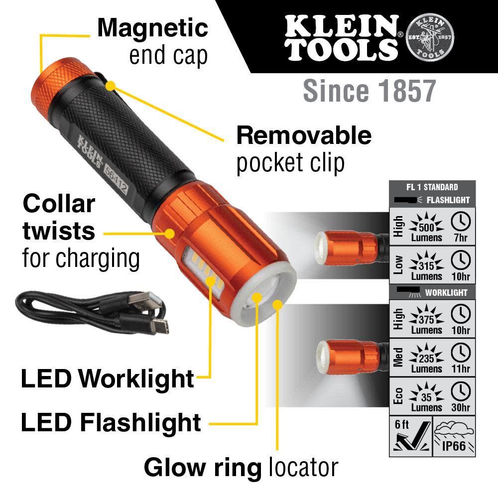 LED Flashlight with Worklight 500-Lumen 4 Modes LED Rechargeable Flashlight 56412