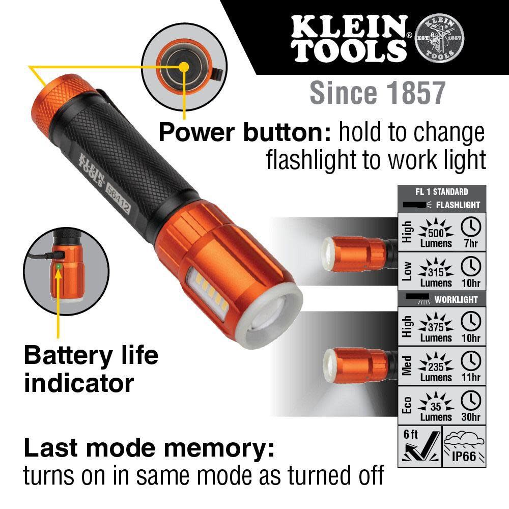 LED Flashlight with Worklight 500-Lumen 4 Modes LED Rechargeable Flashlight 56412