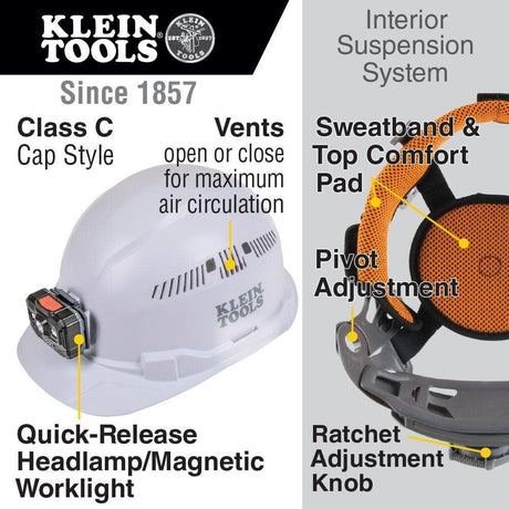 Hard Hat Vented Cap Style with Rechargeable Headlamp White 60113RL