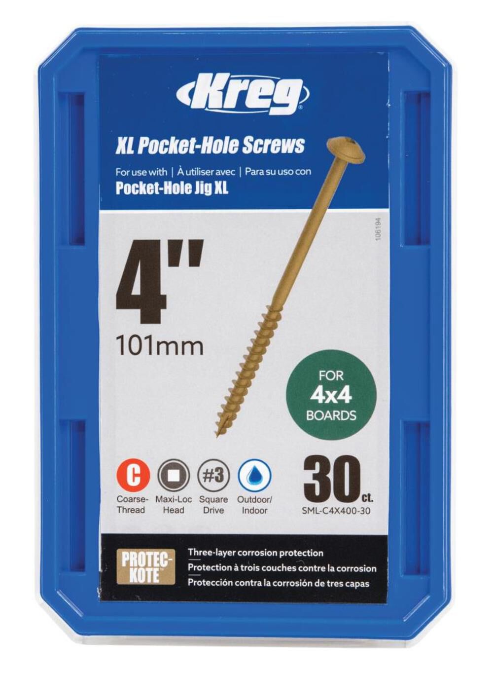 XL Pocket Hole Screws 4in 30qty SML-C4X400-30