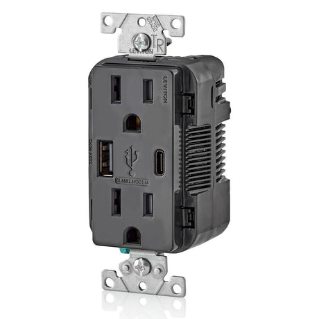 15A 125V 5-15R Black Outlet with USB Type A/C Charger 3894508