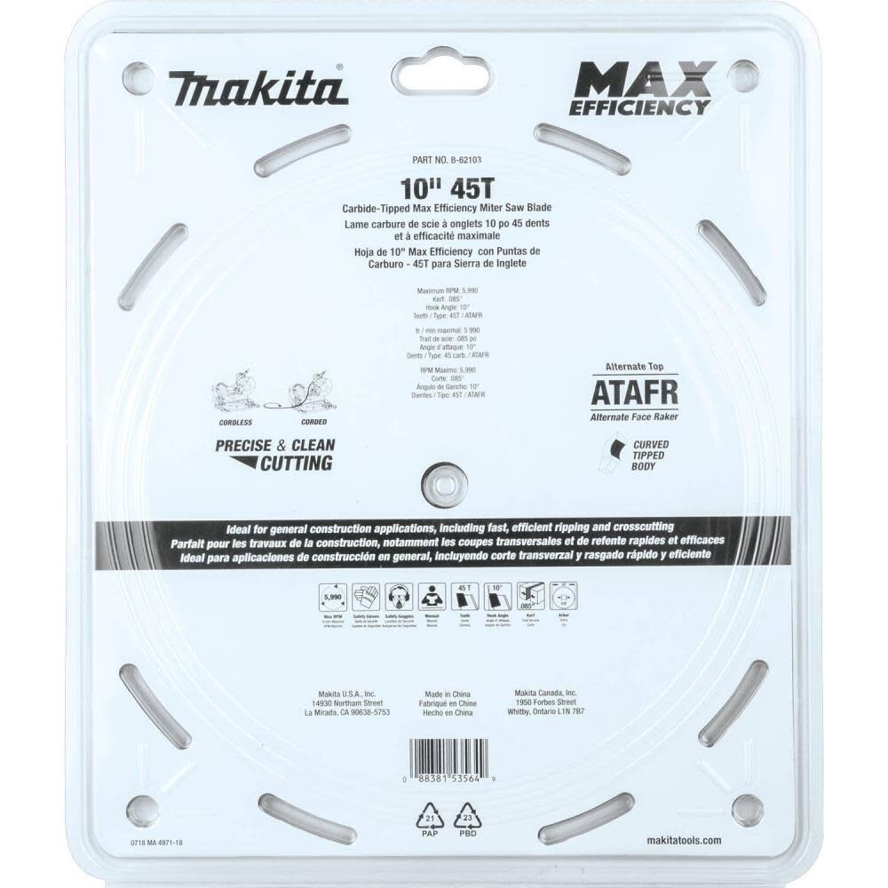 10in 45T Carbide-Tipped Max Efficiency Miter Saw Blade B-62103