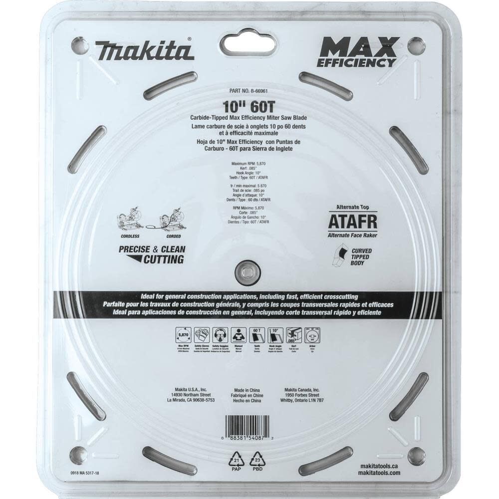 10in 60T Carbide-Tipped Max Efficiency Miter Saw Blade B-66961