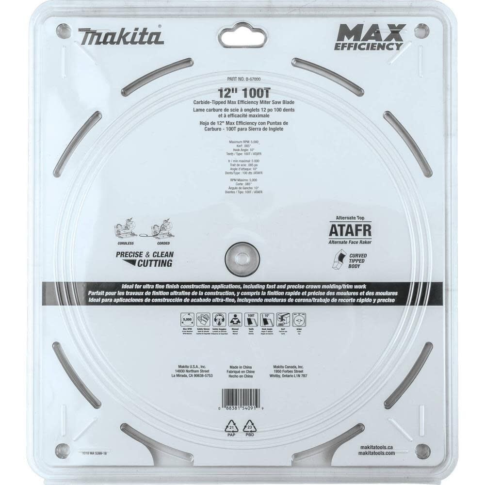 12in 100T Carbide-Tipped Max Efficiency Miter Saw Blade B-67000