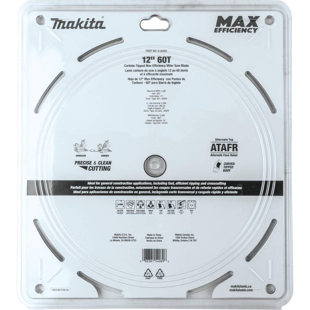 12in 60T Carbide-Tipped Max Efficiency Miter Saw Blade B-66983