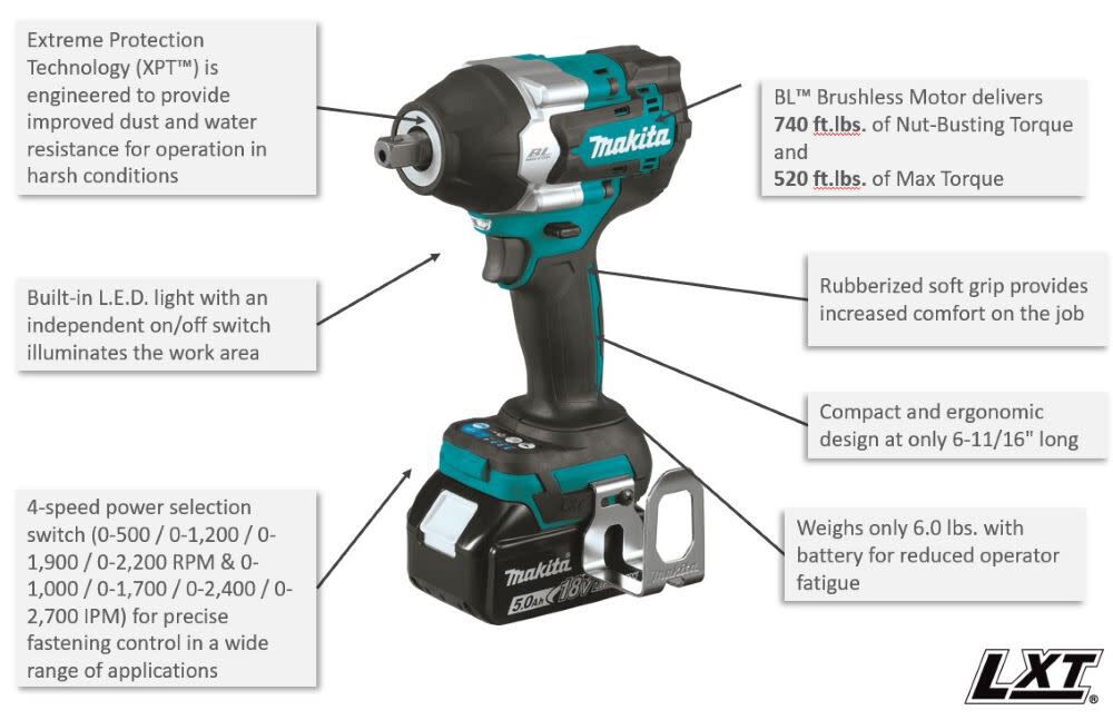 18V LXT 1/2in Sq Drive Impact Wrench with Detent Anvil (Bare Tool) XWT18Z