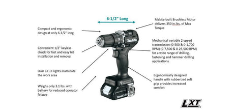 18V LXT Driver Drill Sub Compact 1/2in (Bare Tool) XFD15ZB