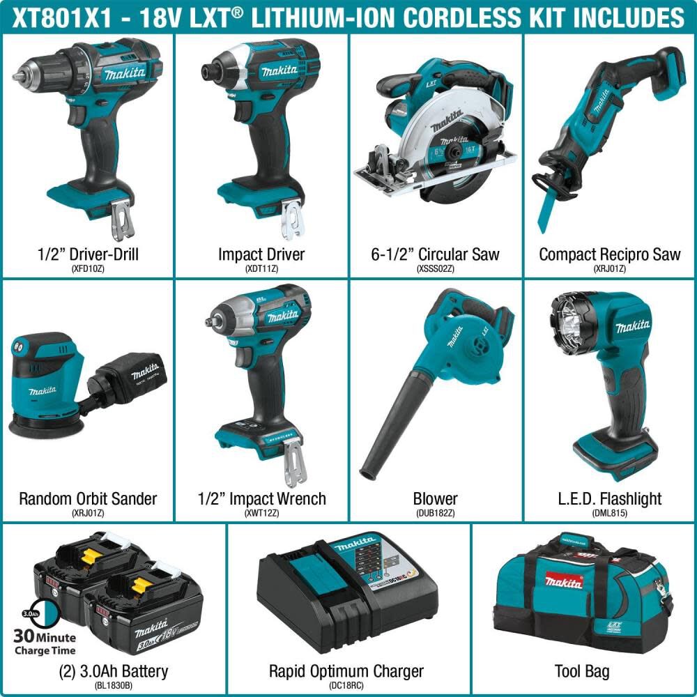 18V LXT Lithium-Ion Cordless 8-Piece Combo Kit (3.0Ah) XT801X1