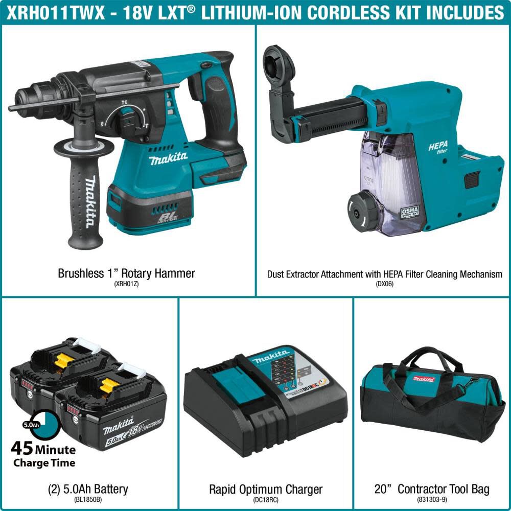 18V LXT Rotary Hammer 1in Kit SDS PLUS with HEPA Dust Extractor Attachment XRH011TWX