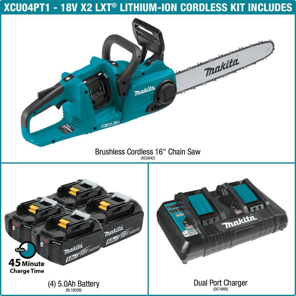 18V X2 (36V) LXT Lithium-Ion Brushless Cordless 16in Chain Saw Kit with 4 Batteries (5.0Ah) XCU04PT1