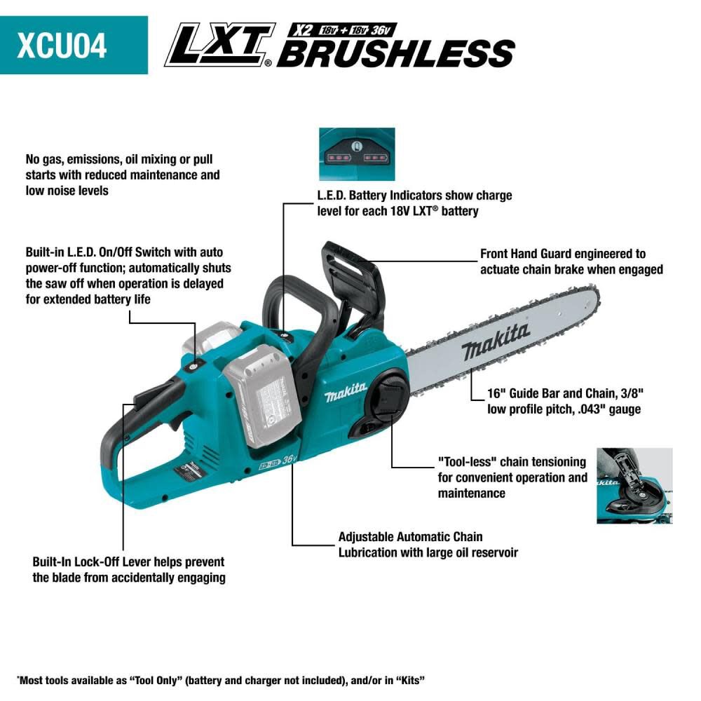 18V X2 (36V) LXT Lithium-Ion Brushless Cordless 16in Chain Saw Kit with 4 Batteries (5.0Ah) XCU04PT1