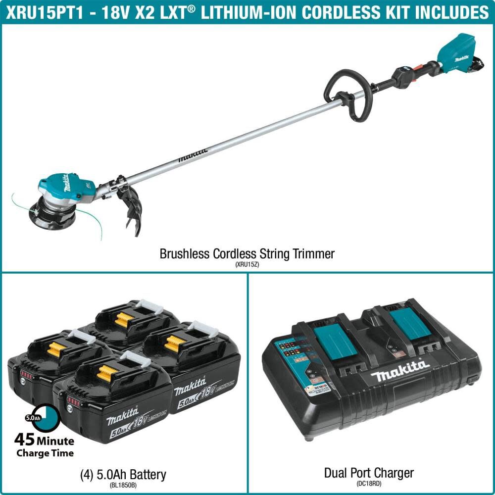 18V X2 (36V) LXT Lithium-Ion Brushless Cordless String Trimmer Kit with 4 Batteries (5.0Ah) XRU15PT1