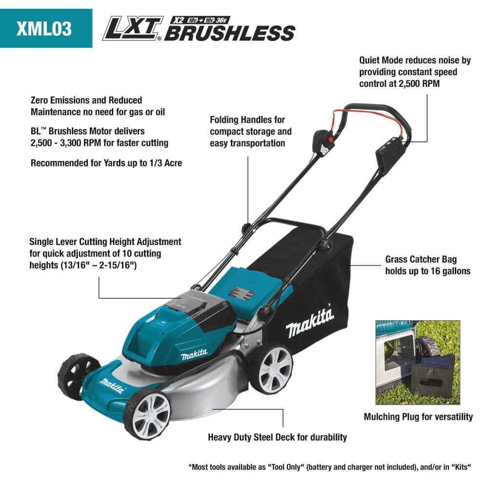 18V X2 (36V) LXT LithiumIon Brushless Cordless 18in Lawn Mower Kit with 4 Batteries 4.0Ah XML03CM1