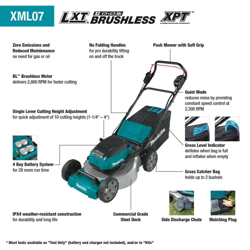 18V X2 (36V) LXT LithiumIon Brushless Cordless 21in Lawn Mower Kit with 4 Batteries (5.0Ah) XML07PT1