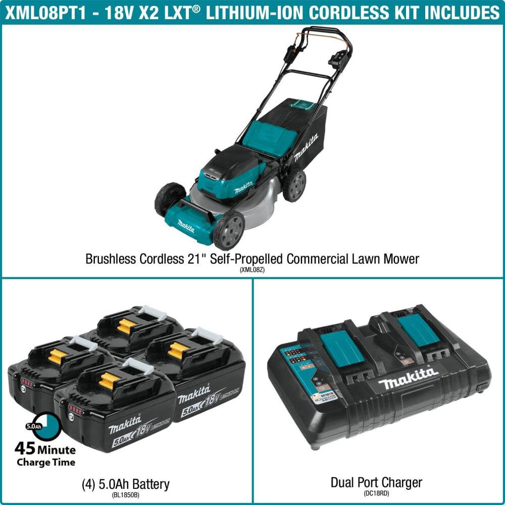 18V X2 (36V) LXT LithiumIon Brushless Cordless 21in Self Propelled Lawn Mower Kit with 4 Batteries (5.0Ah) XML08PT1