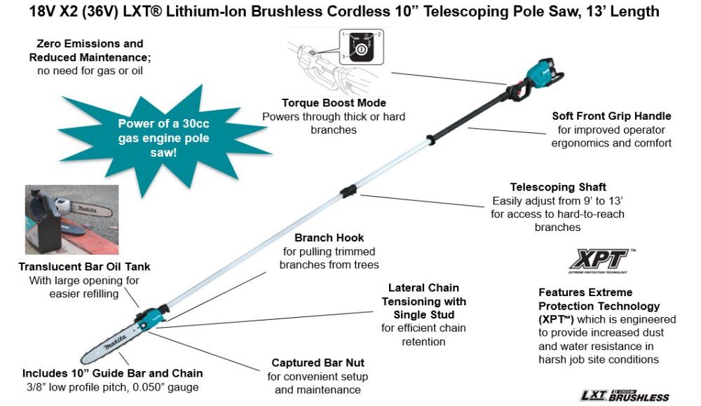 36V (18V X2) LXT Telescoping Pole Saw 10in Brushless 13' Length (Bare Tool) XAU02ZB