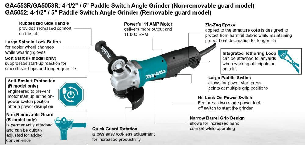 4-1/2in / 5in Paddle Switch Angle Grinder with AC/DC Switch GA5052