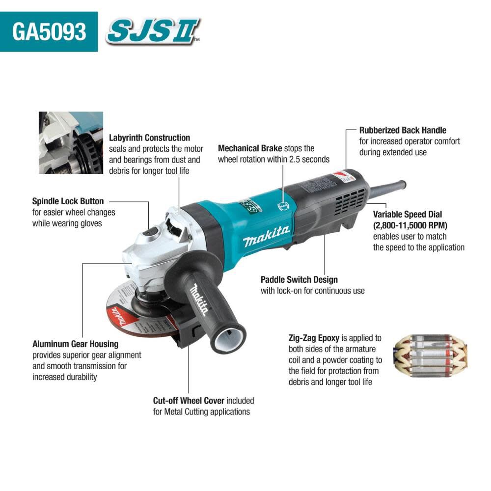 5 in SJS II High-Power Angle Grinder, Paddle Switch, with Brake GA5093