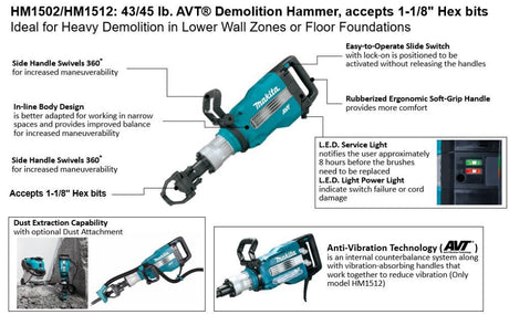 AVT Demolition Hammer 45lb accepts 1 1/8in Hex Bits HM1512