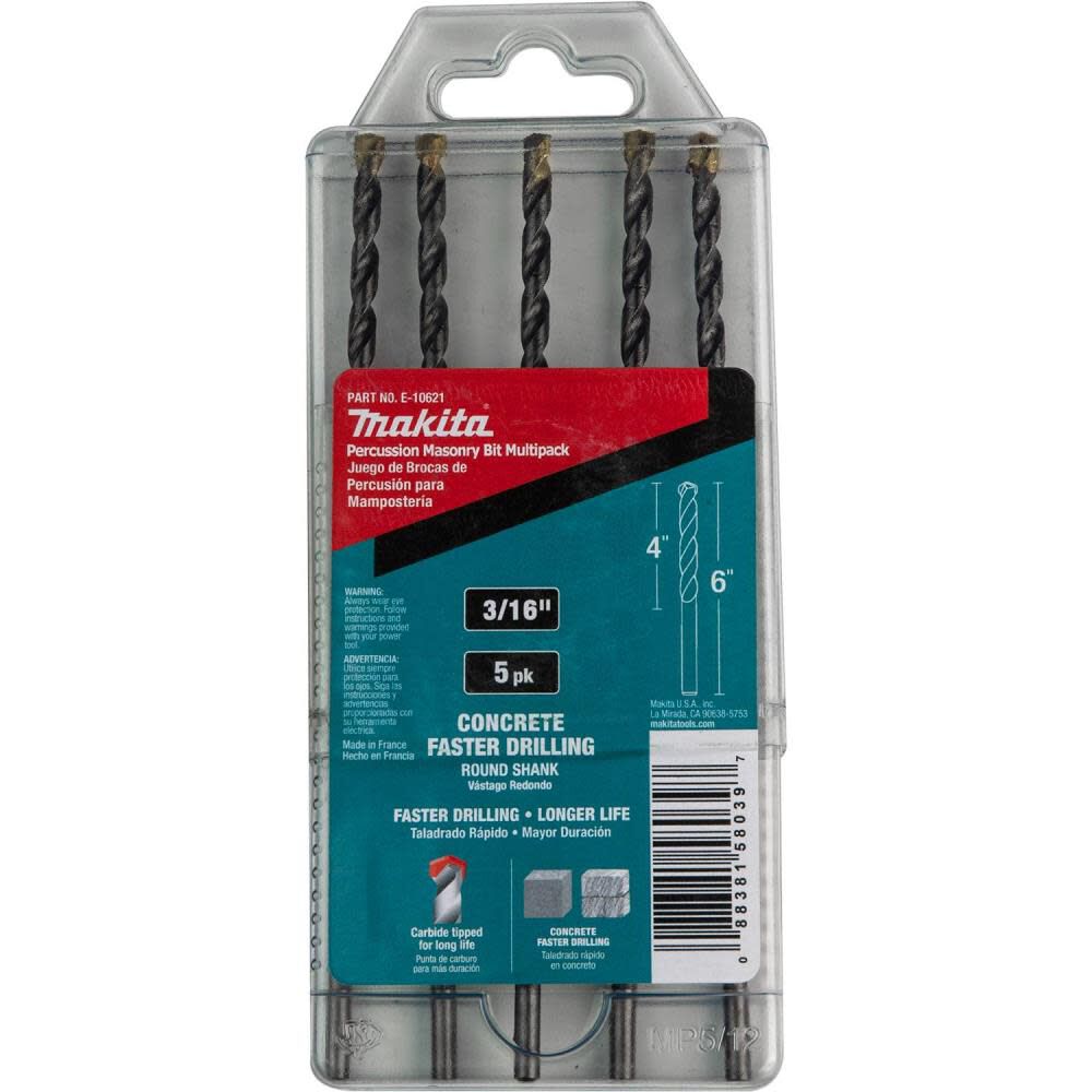 Carbide Tipped Percussion Masonry Hammer Drill Bits 3/16in x 6in 5pk E-10621