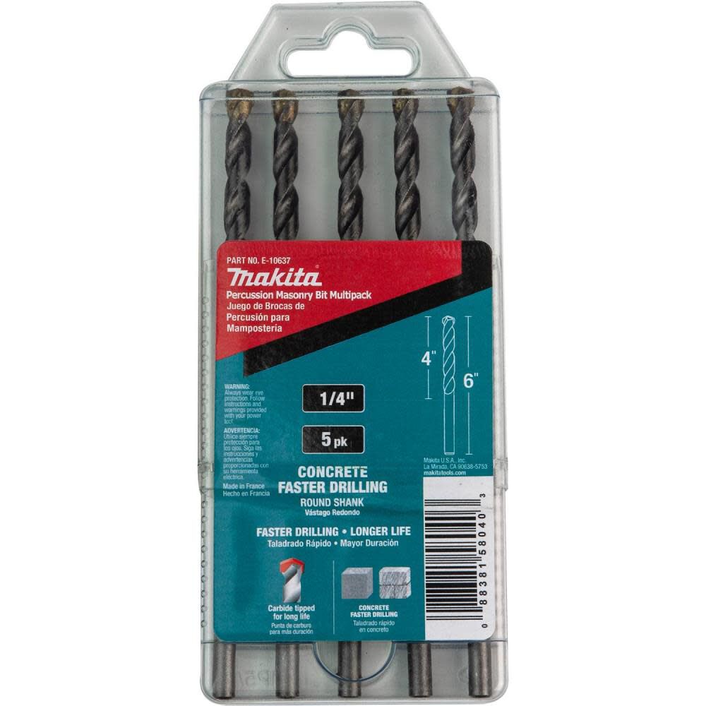 Masonry Hammer Drill Bits 1/4in x 6in Carbide Tipped Percussion 5pk E-10637