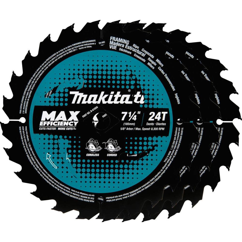 Max Efficiency Circular Saw Blades 7 1/4in 24T Carbide Tipped Framing 3pk B-61656-3