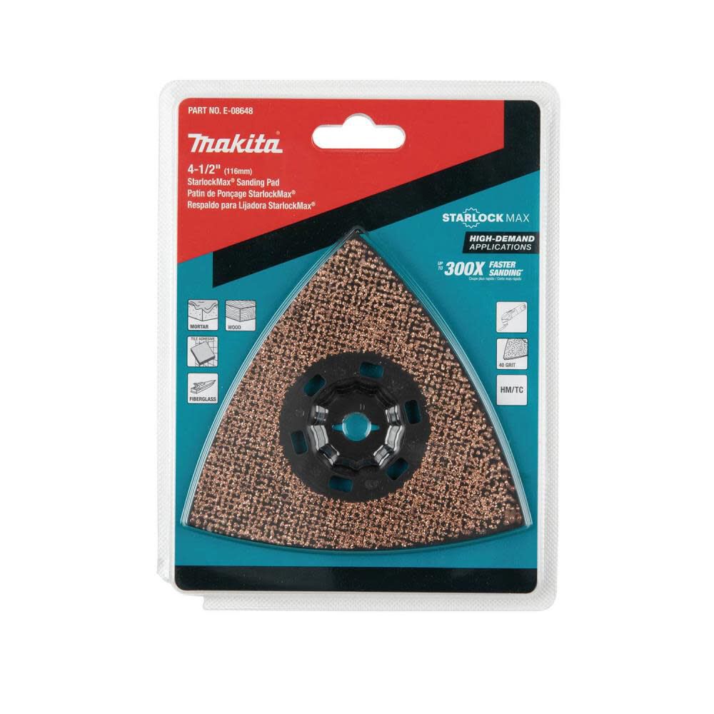 StarlockMax Oscillating Multi Tool 4 1/2in Tungsten Carbide 40 Grit Delta Triangle Sanding Pad E-08648