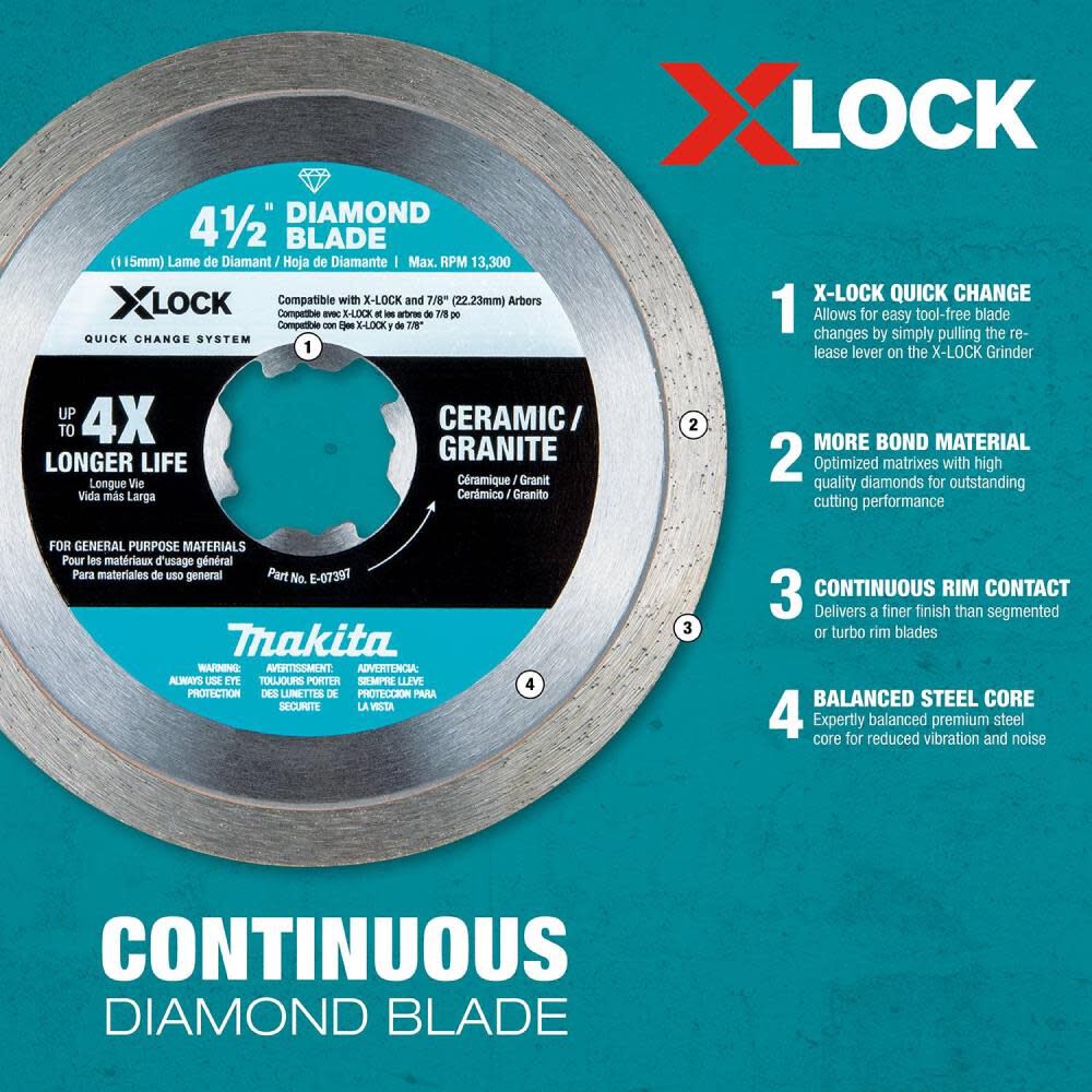 X-LOCK 4-1/2in Continuous Rim Diamond Blade for Ceramic and Granite Cutting E-07397