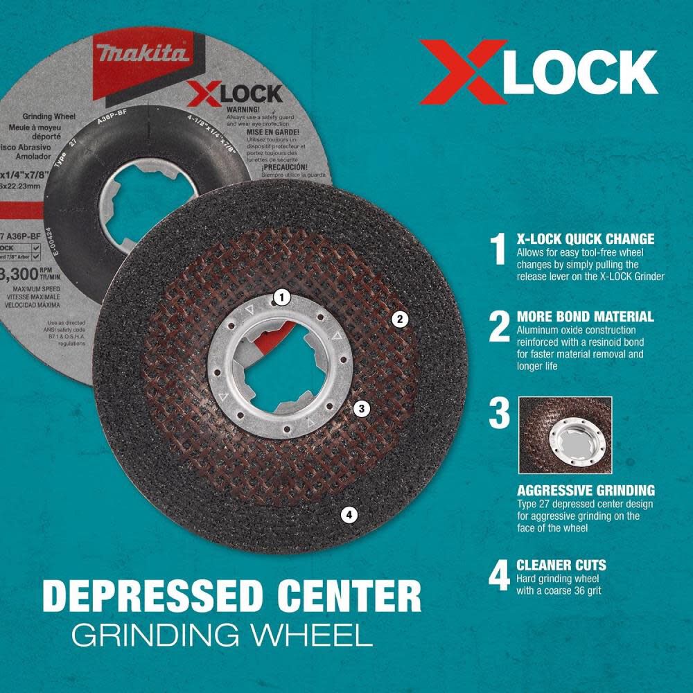 X-LOCK 4-1/2in x 1/4in x 7/8in Type 27 General Purpose 36 Grit Metal Abrasive Grinding Wheel E-00424