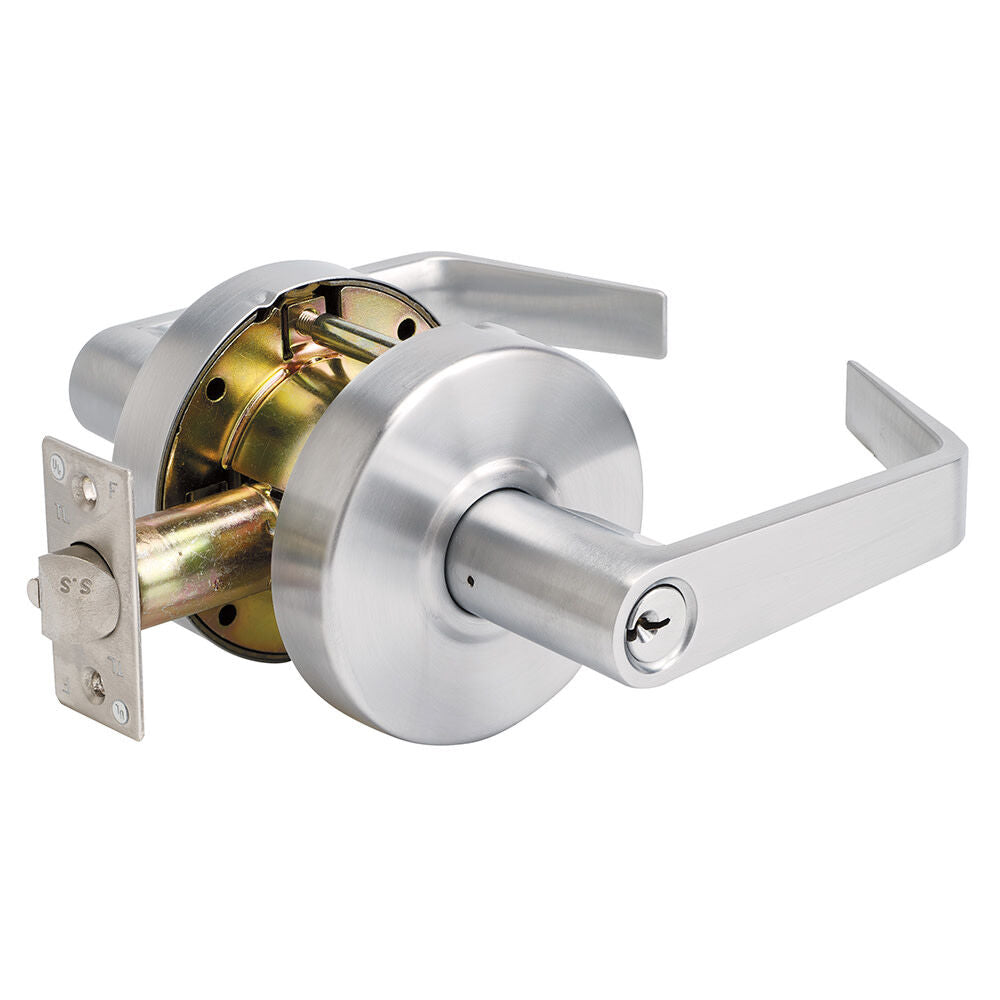 Commercial Grade 2 Keyed Entry Angled Cylindrical Lockset Lever Brushed Chrome Finish SLCHKE26D