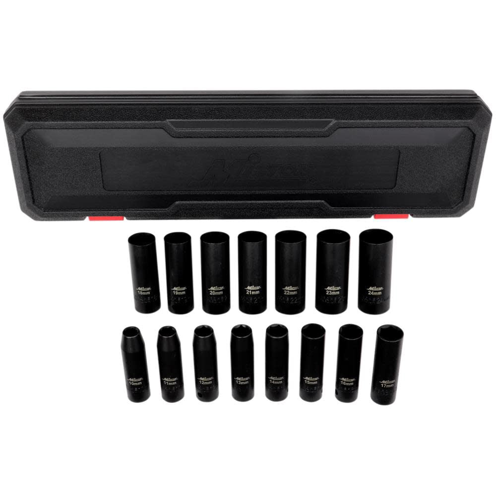 1/2 Drive Deep 6-Point Impact Socket Set 10-24mm Metric Steel Coated Black Oxide Finish 15pc 1300-SS-04