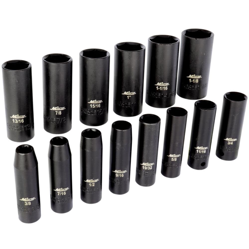 1/2 Drive Deep 6-Point Impact Socket Set 3/8 Inch- 1-1/8 SAE Steel Coated Black Oxide Finish 14pc 1300-SS-02