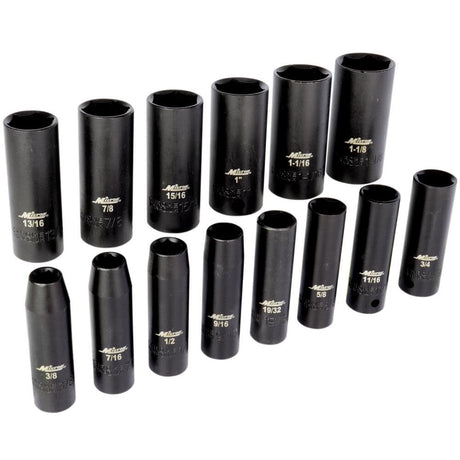 1/2 Drive Deep 6-Point Impact Socket Set 3/8 Inch- 1-1/8 SAE Steel Coated Black Oxide Finish 14pc 1300-SS-02