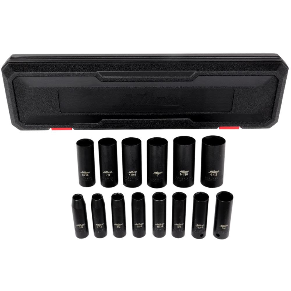 1/2 Drive Deep 6-Point Impact Socket Set 3/8 Inch- 1-1/8 SAE Steel Coated Black Oxide Finish 14pc 1300-SS-02