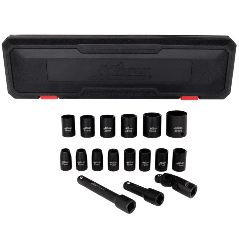 1/2 Drive Shallow 6-Point Impact Socket Set 11-30mm Metric Steel Coated Black Oxide Finish with Universal Joint & Extension Bars 17pc 1300-SS-05