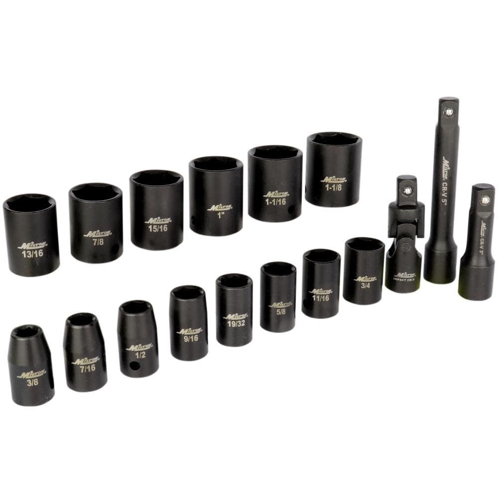 1/2 Inch Drive Shallow 6-Point Impact Socket Set 3/8 Inch-1-1/8 Inch SAE Steel Coated Black Oxide Finish with Universal Joint & Extension Bars 17 Piece 1300-SS-06