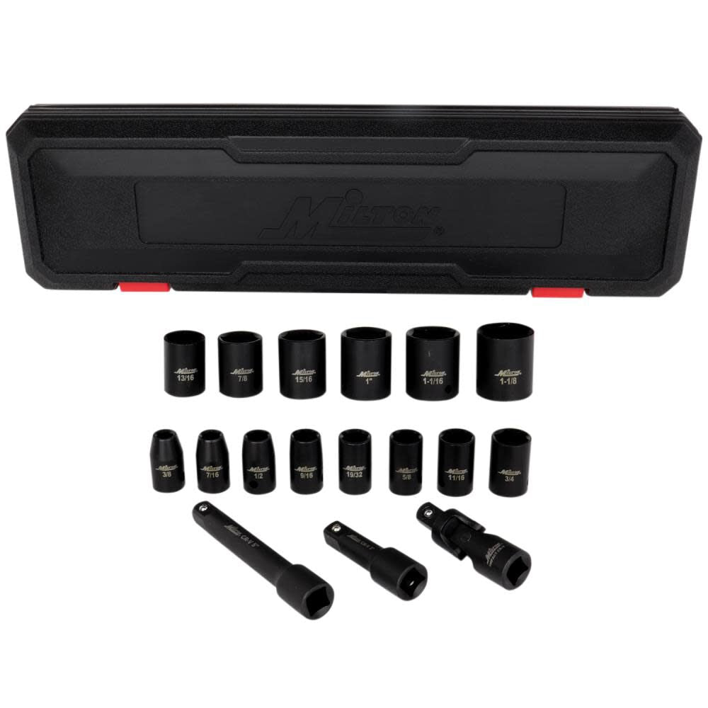 1/2 Inch Drive Shallow 6-Point Impact Socket Set 3/8 Inch-1-1/8 Inch SAE Steel Coated Black Oxide Finish with Universal Joint & Extension Bars 17 Piece 1300-SS-06