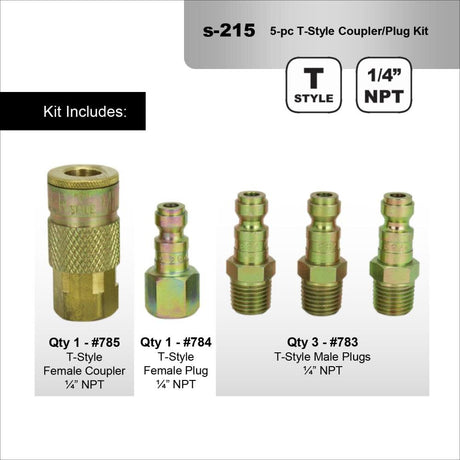 215 1/4in NPT T Style Coupler and Plug - 5 Pieces S-215