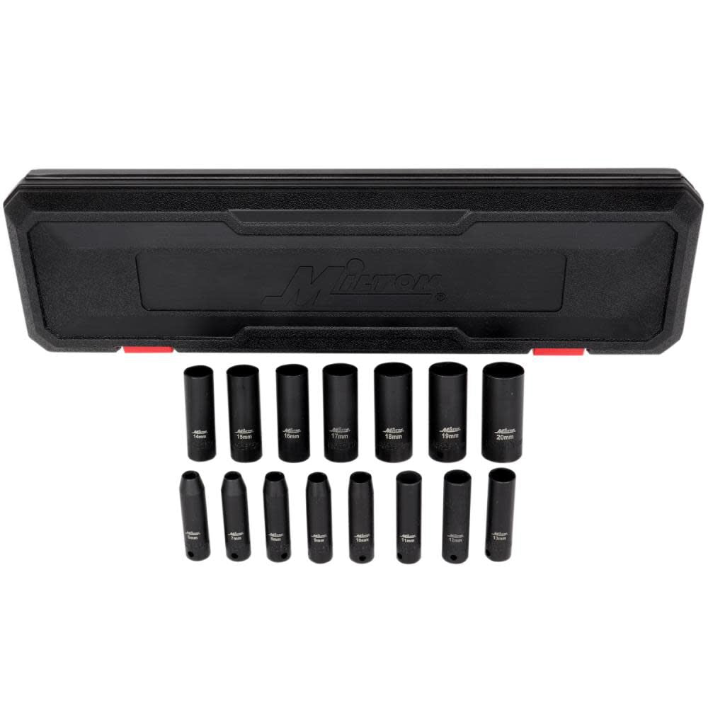 3/8 Drive Deep 6-Point Impact Socket Set 6-20mm Steel Coated Black Oxide Finish 15pc 1300-SS-03