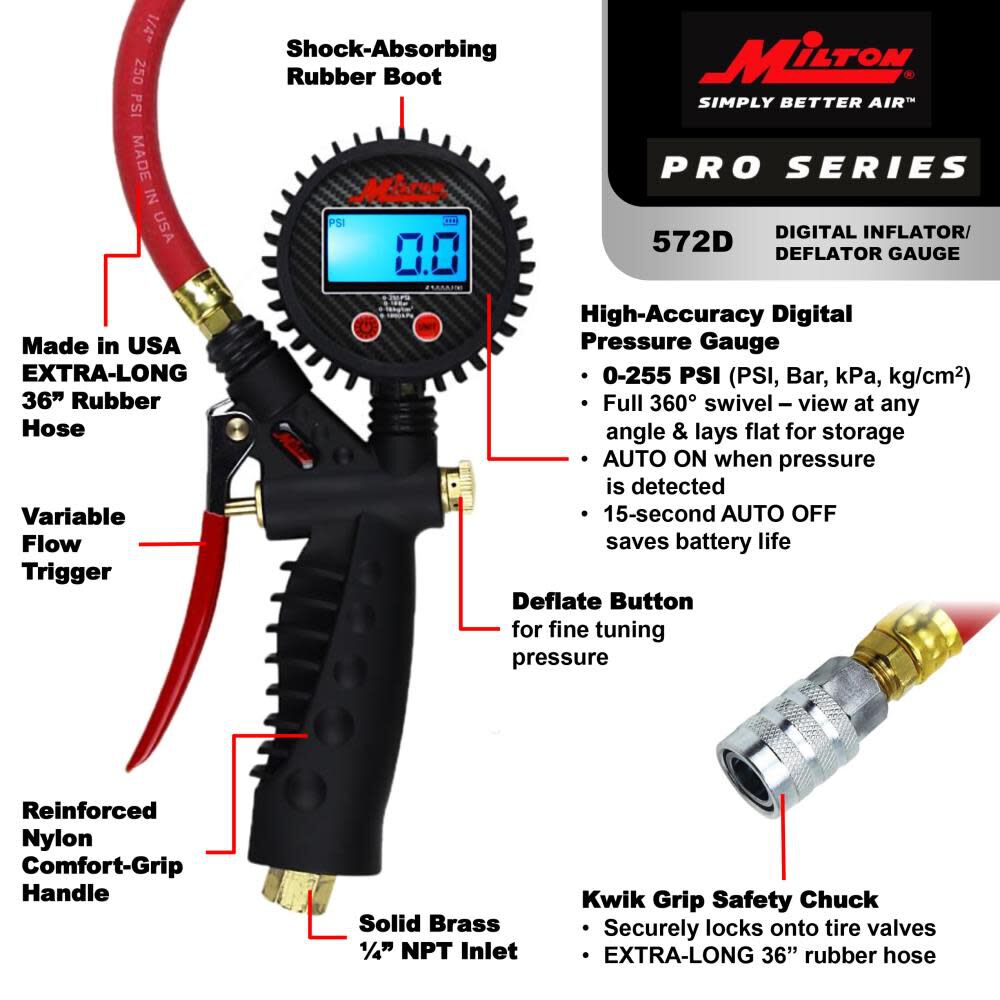 572D Pro Digital Pistol Grip Inflator Gauge - 36in Hose and Kwik Grip Safety Chuck - 255 PSI 572D