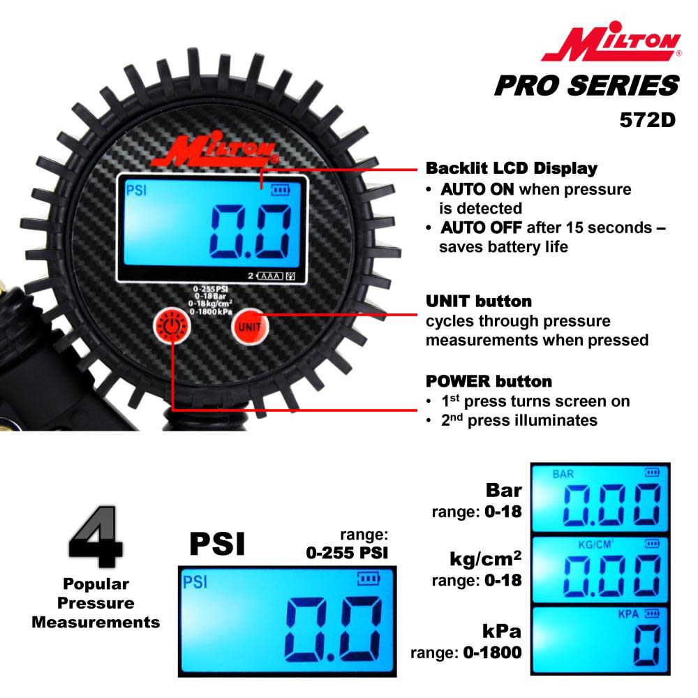 572D Pro Digital Pistol Grip Inflator Gauge - 36in Hose and Kwik Grip Safety Chuck - 255 PSI 572D