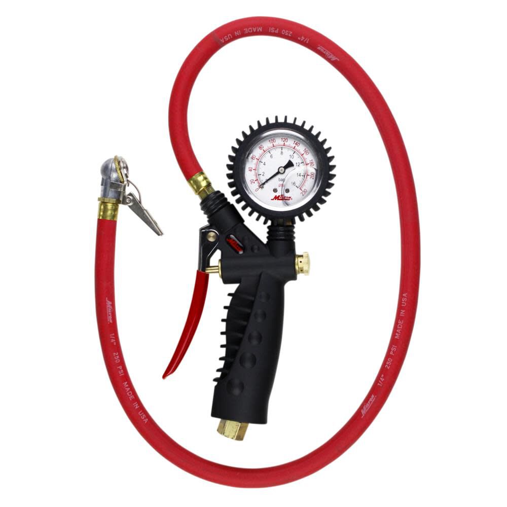 573A Pro Analog Pistol Grip Inflator Gauge - 36in Hose and Ball Chuck with Clip - 230 PSI 573A