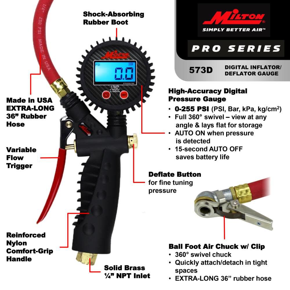 573D Pro Digital Pistol Grip Inflator Gauge - 36in Hose and Ball Chuck with Clip - 255 PSI 573D