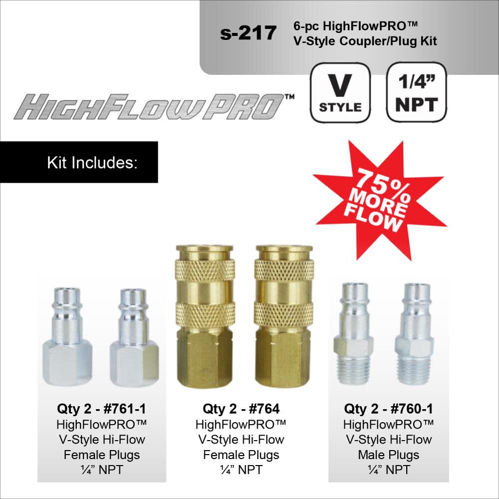 S-217 1/4in NPT HIGHFLOWPRO V-Style/European Interchange Air Coupler and Plug Fitting Kit (High Volume Low Pressure Application) -6 Piece S-217