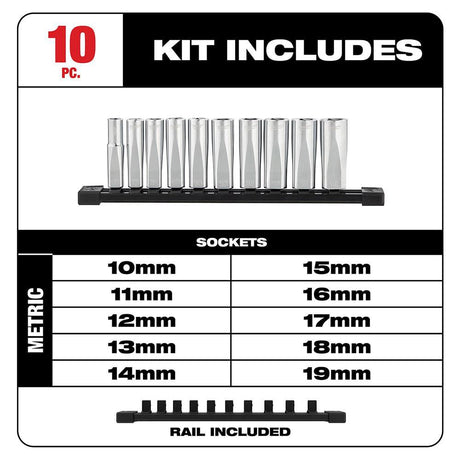 10pc 3/8 in. Metric Deep Well Sockets with FOUR FLAT Sides 48-22-9505