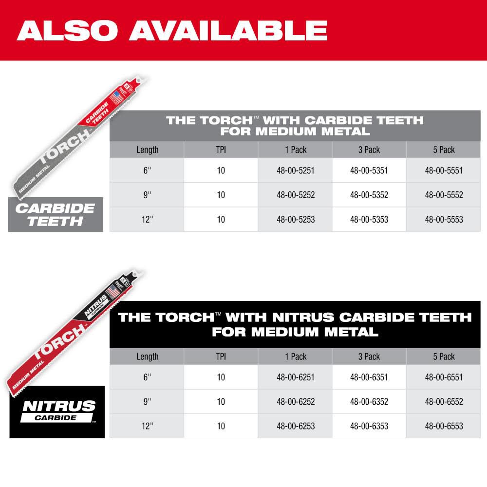 12 Inch 10TPI TORCH Carbide Teeth Metal Cutting Reciprocating Saw Blade 3pk 48-00-5353