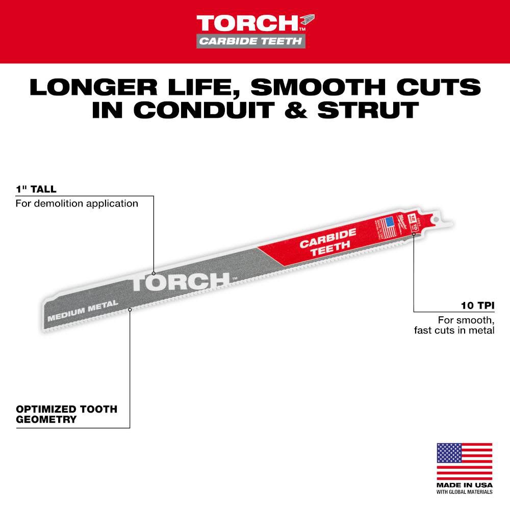 12 Inch 10TPI TORCH Carbide Teeth Metal Cutting Reciprocating Saw Blade 3pk 48-00-5353