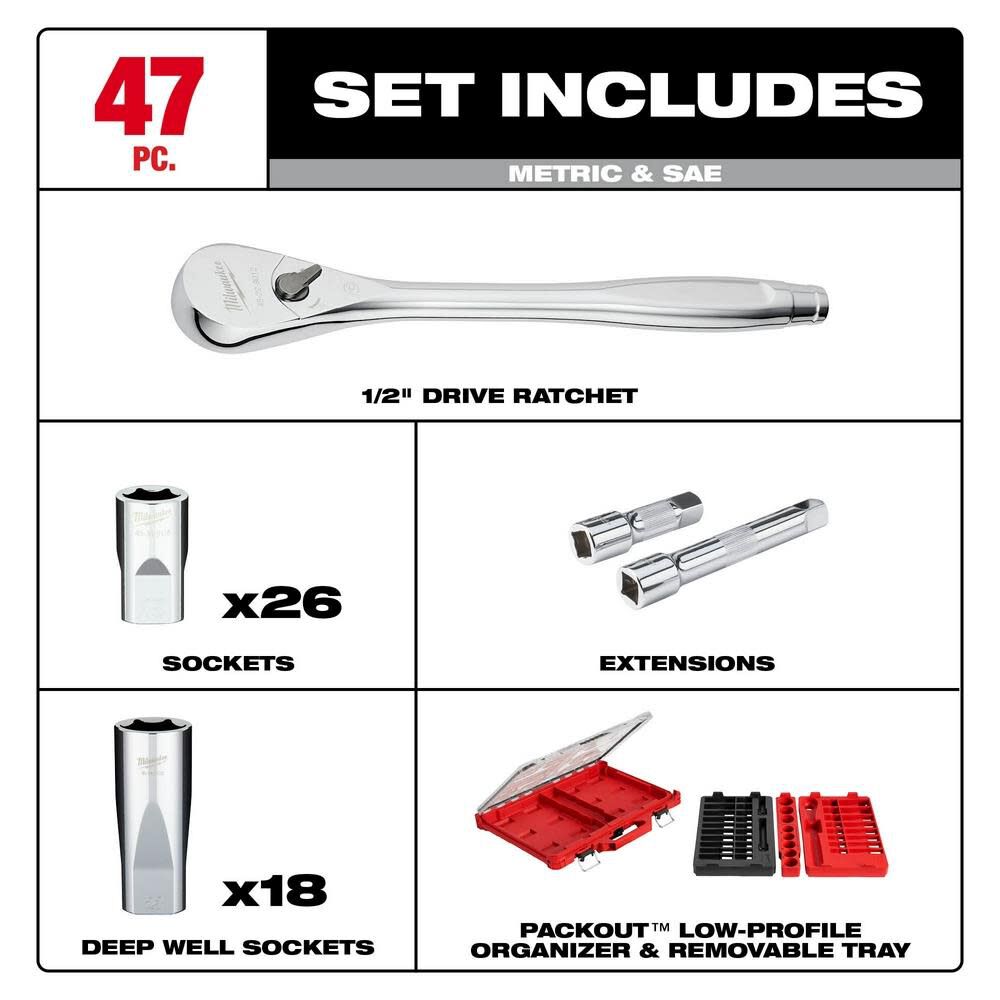 1/2in Drive Ratchet & Socket Set with PACKOUT Organizer 47pc 48-22-9487